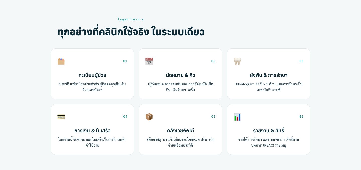 โมดูลของ DentalOS ประกอบด้วยทะเบียนผู้ป่วย นัดหมายและคิว ผังฟันและการรักษา การเงินและใบเสร็จ คลังเวชภัณฑ์ รายงานและสิทธิ์