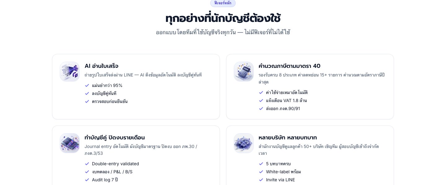 ฟีเจอร์ของ TaxSmart ได้แก่ AI อ่านใบเสร็จ คำนวณภาษีมาตรา 40 ทำบัญชีคู่ปิดงบ และรองรับหลายบริษัทหลายบทบาท